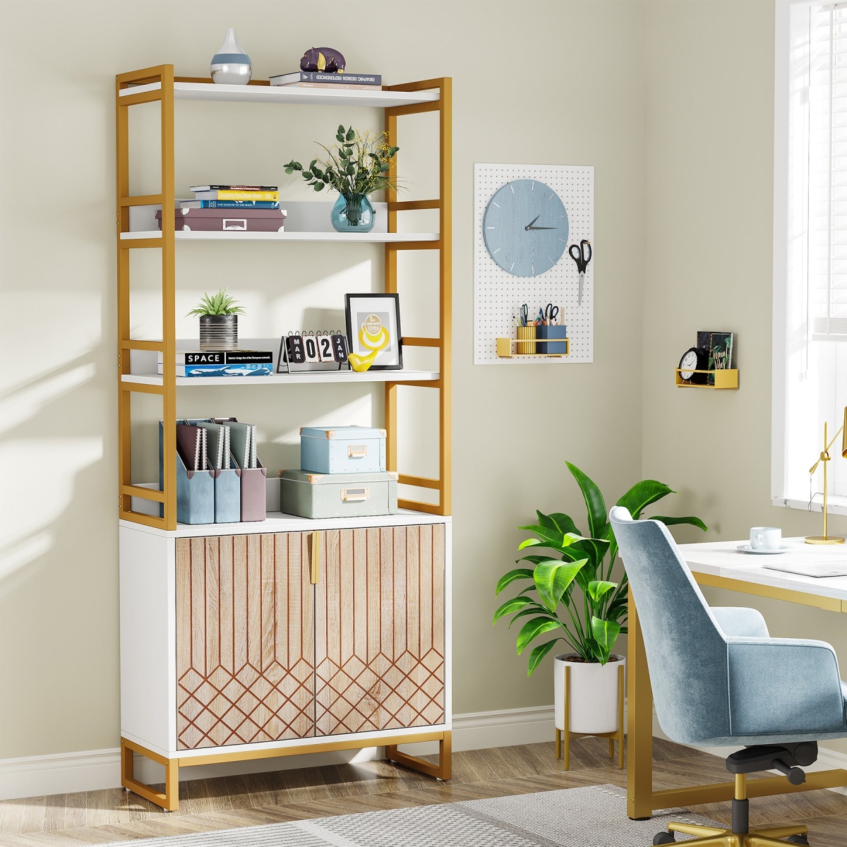 Bookshelf, 70.8? Etagere Bookcase with Open Shelves & Cabinet - Image 4