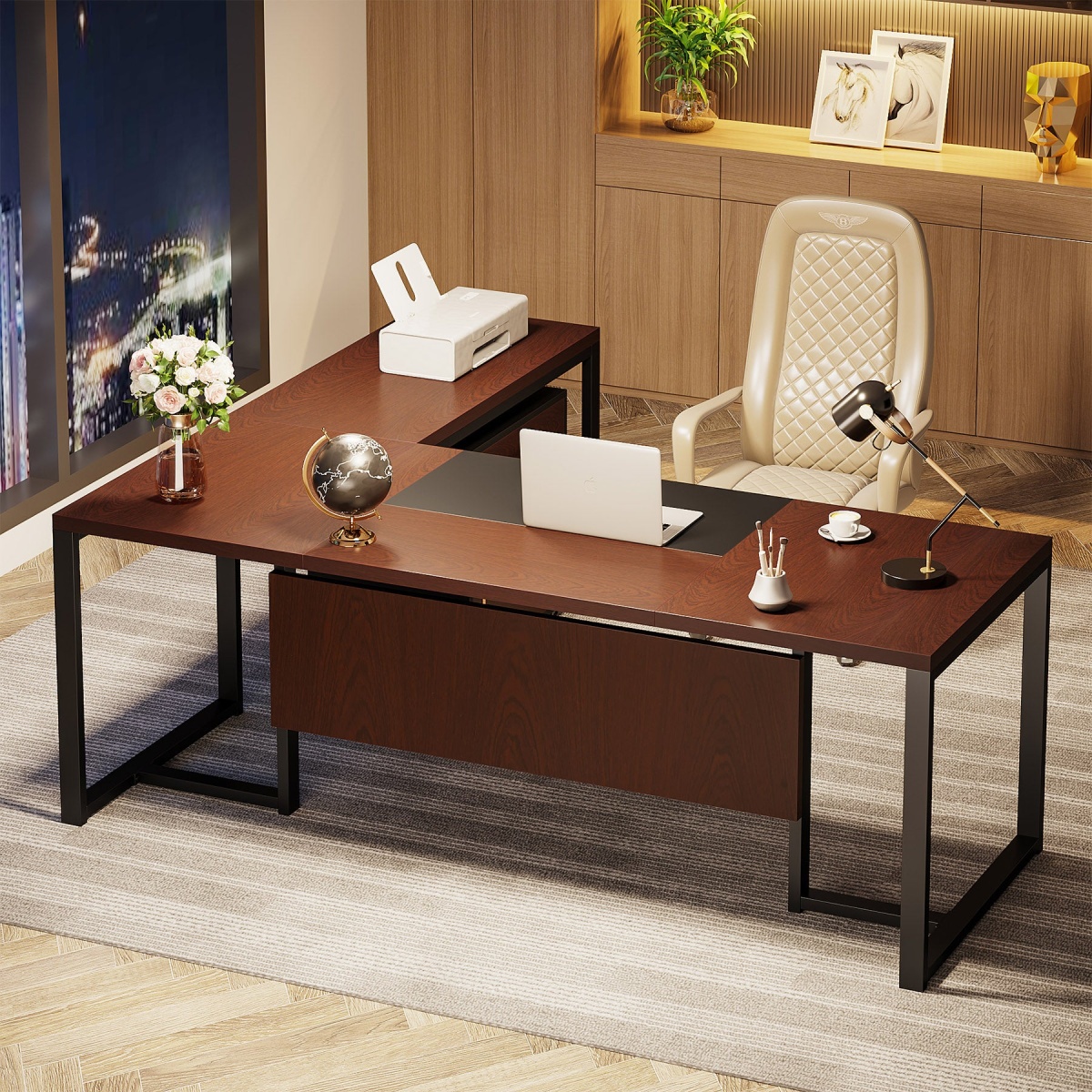 L-Shaped Desk, 70.8?? Executive Desk with Mobile File Cabinet - Image 5