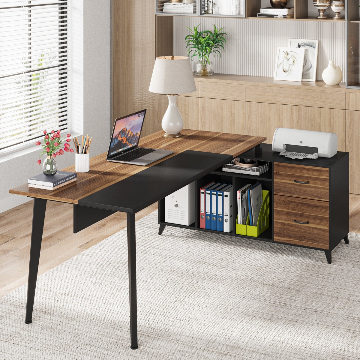 L-Shaped Desk, 70.9?? Office Executive Desk with File Cabinet - Image 4