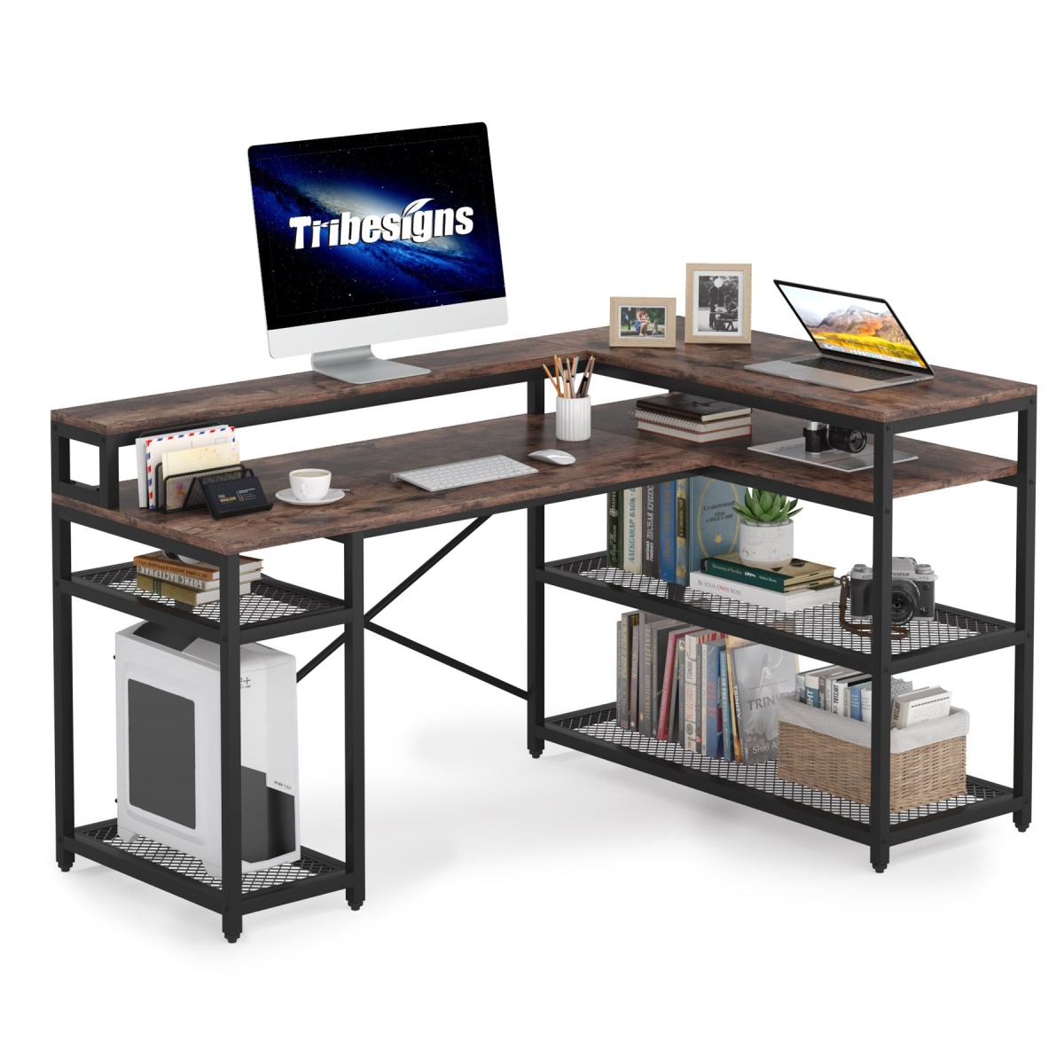 L-Shaped Desk, 59? Corner Computer Desk with Storage Shelf - Image 1