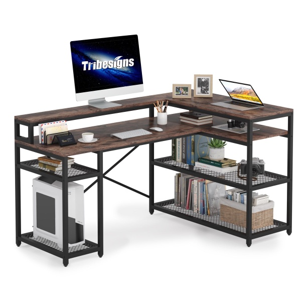 L-Shaped Desk, 59? Corner Computer Desk with Storage Shelf