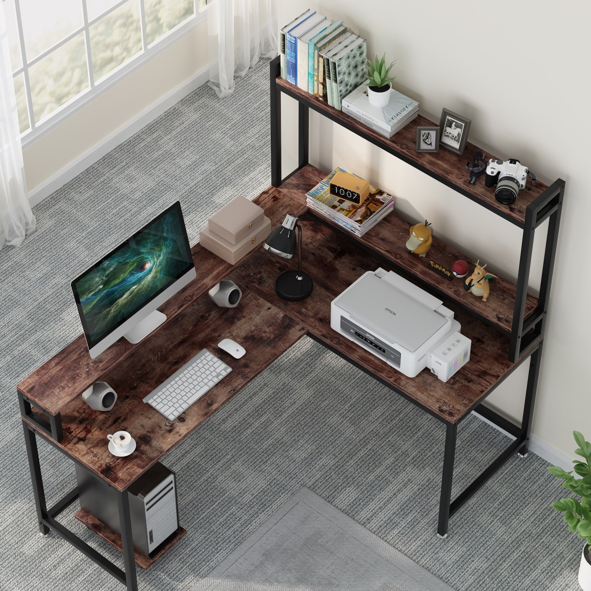 L-Shaped Desk, Corner Computer Desk with Hutch and Monitor Stand - Image 5