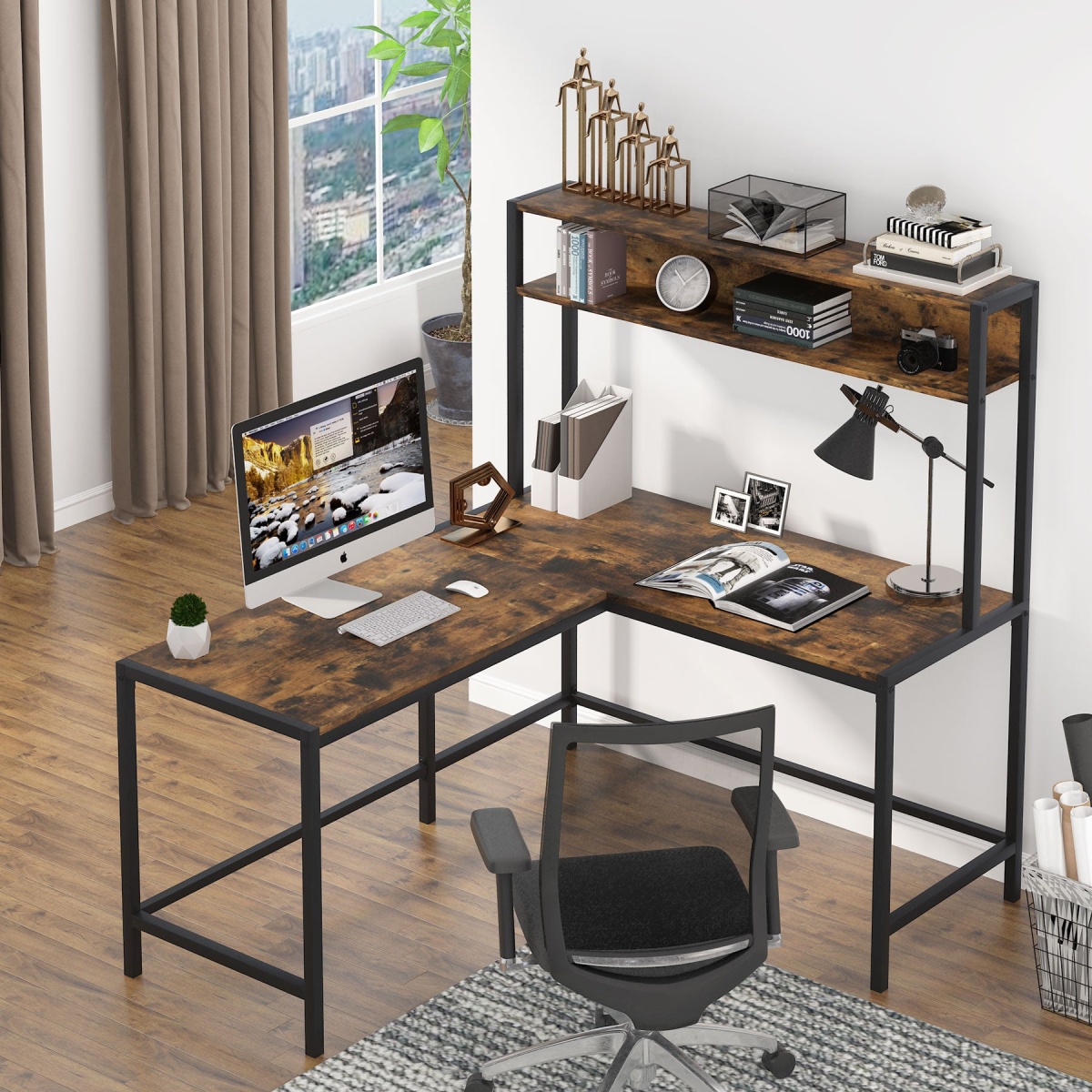 L-Shaped Desk, Computer Desk with Hutch, Study Corner Desk - Image 4