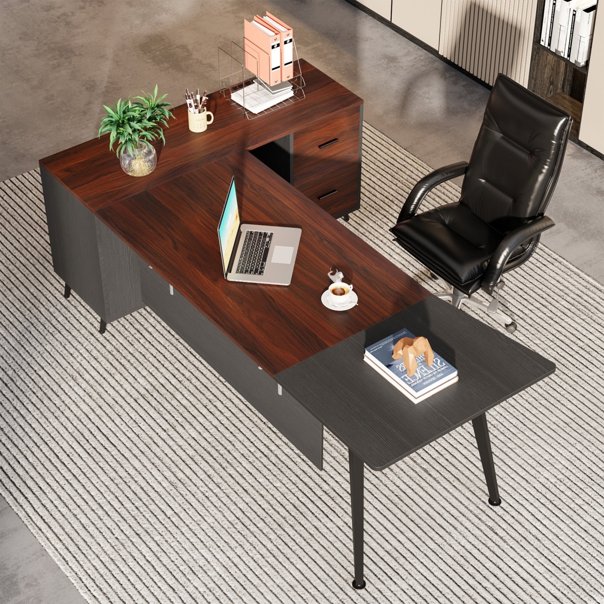 Executive Desk, 87? L-Shaped Computer Desk with 51? File Cabinet - Image 5