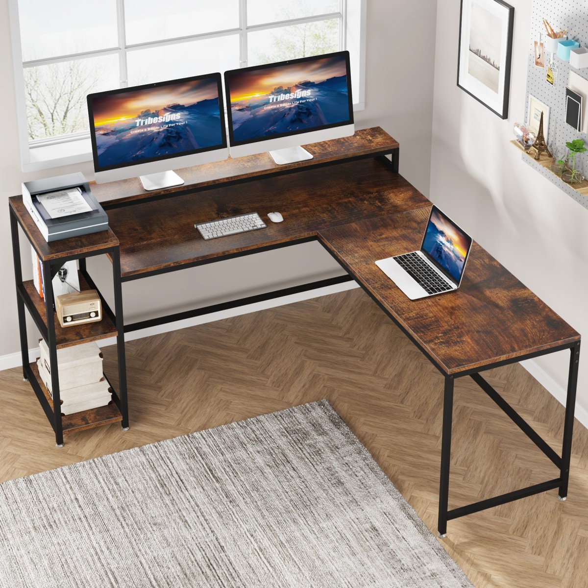 L-Shaped Desk, Corner Computer Desk with Monitor Stand & Shelves - Image 4