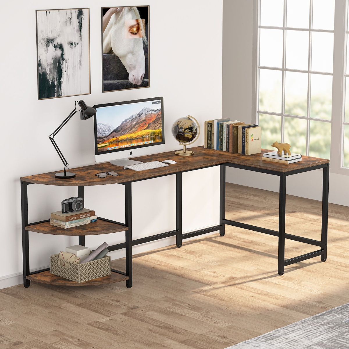 L-Shaped Desk, 75 inch Corner Computer Desk with Reversible Shelves - Image 4