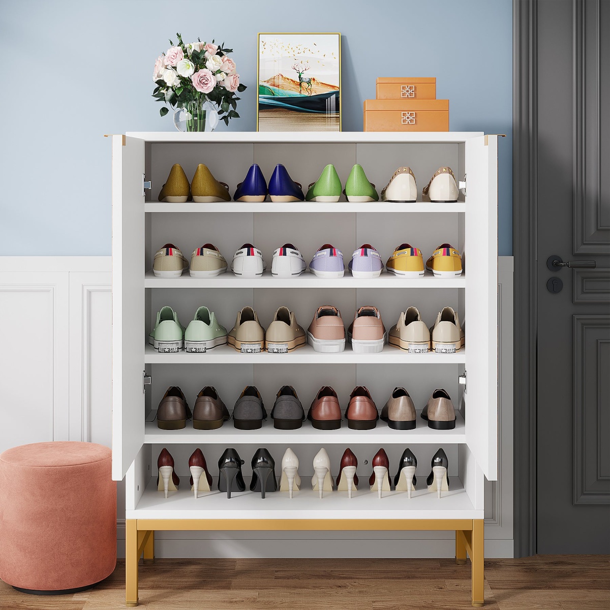 Shoe Cabinet, 5-Tier Entryway Shoe Organizer with Doors - Image 5