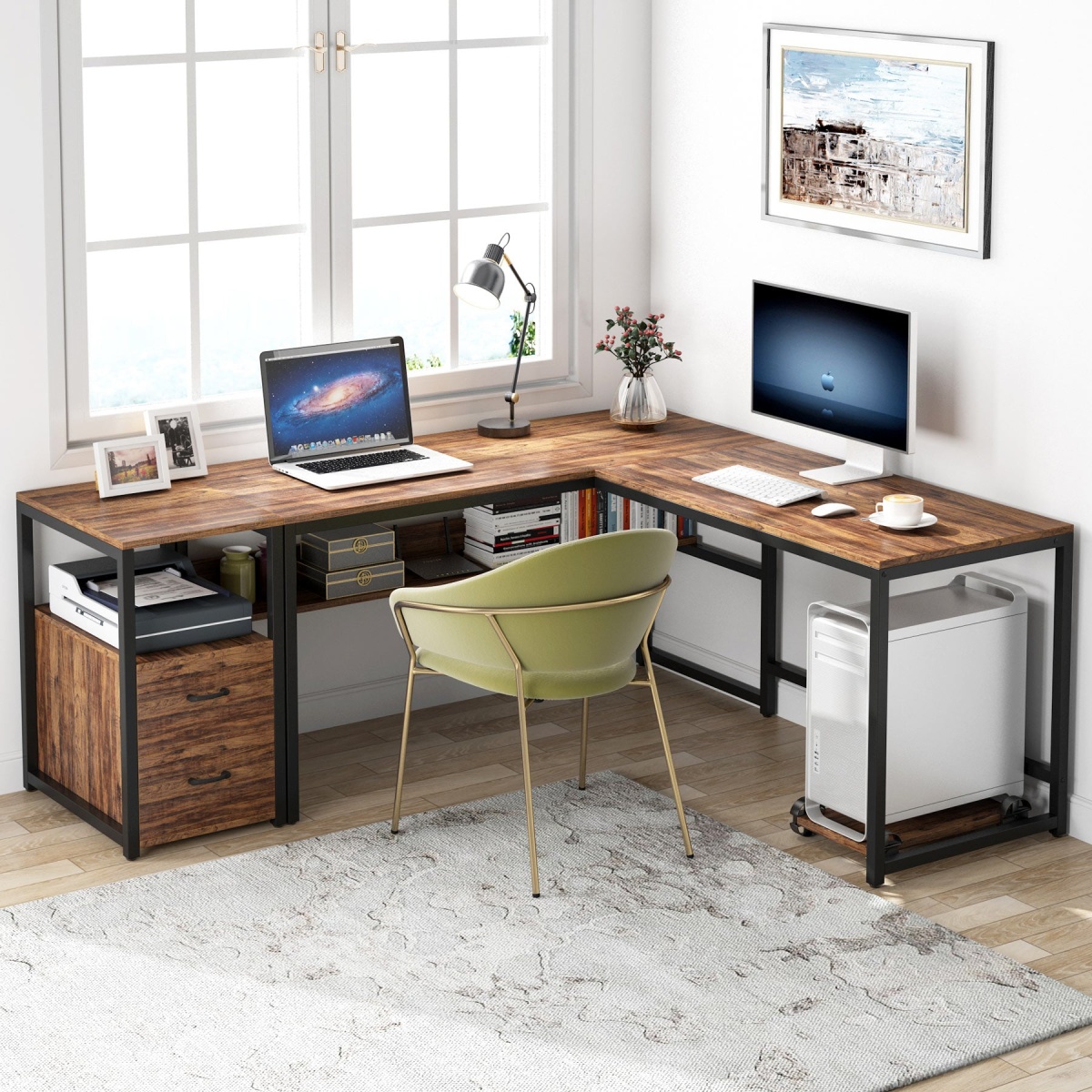 L-Shaped Desk, 70? Computer Desk with Bookcase and Cabinet - Image 4