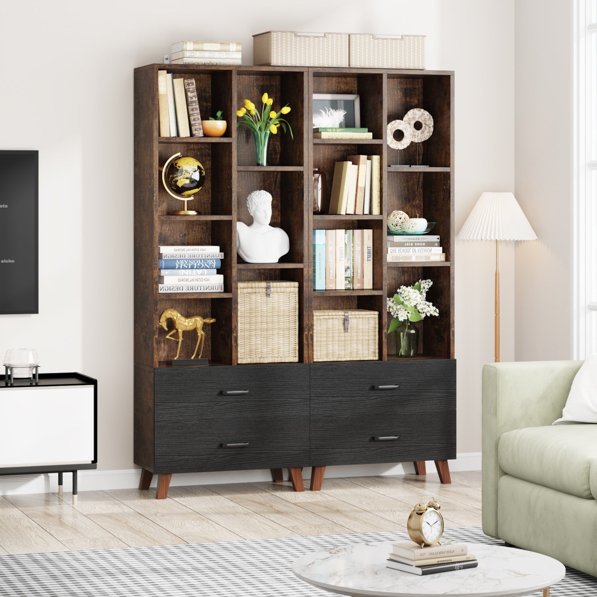 Bookshelf, 7 Cube Bookcase Rack with 2 Storage Drawers - Image 7