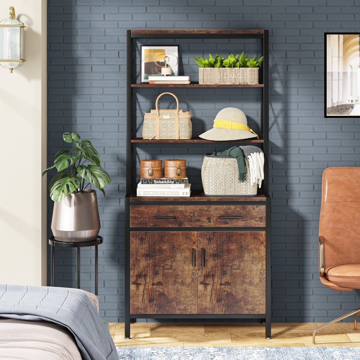 Bookshelf, 4-Tier Etagere Bookcase with Drawer & Cabinet - Image 4