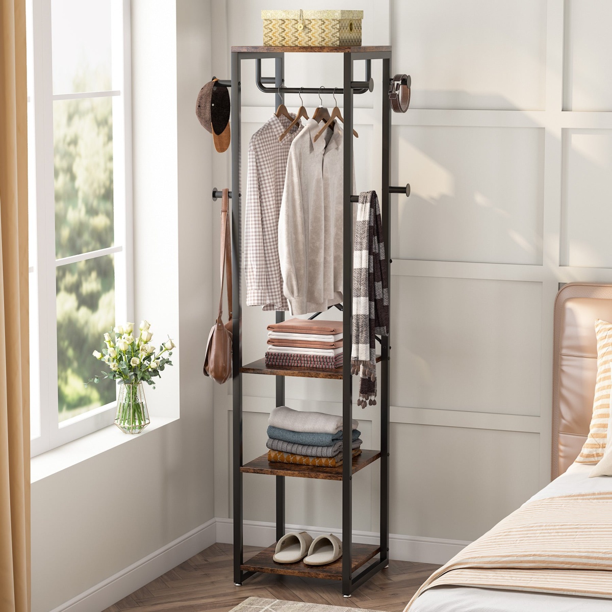 Coat Rack, Freestanding Corner Hall Tree with 4 Shelves 8 Hooks - Image 5