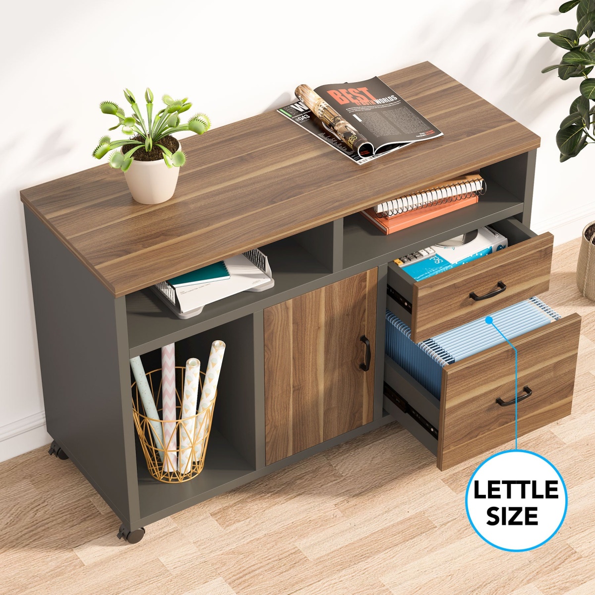 L-Shaped Desk, 55? Executive Computer Desk with File Cabinet & Power Outlet - Image 7