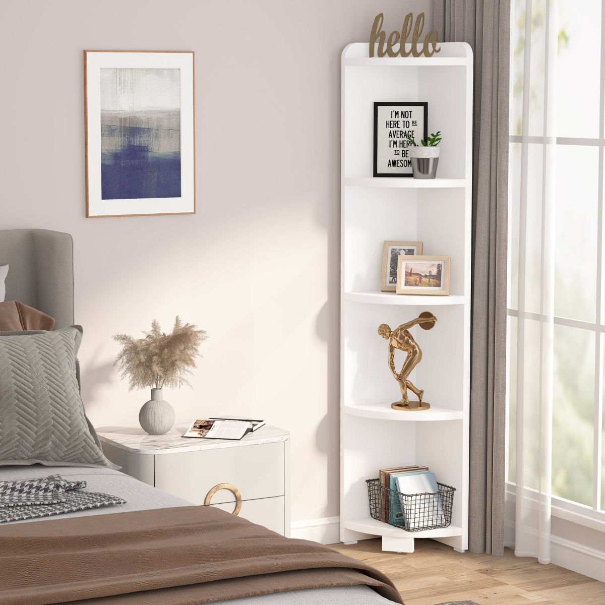 Corner Shelf, 5 Tier Wood Wall Corner Bookshelf Storage Rack - Image 4