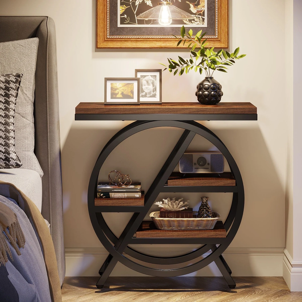 Round End Table, Industrial Side Table with Metal Hollow Frame - Image 66