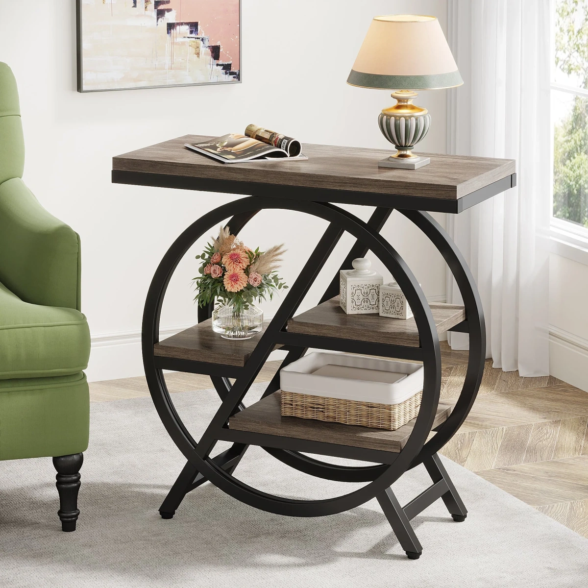 Round End Table, Industrial Side Table with Metal Hollow Frame - Image 67
