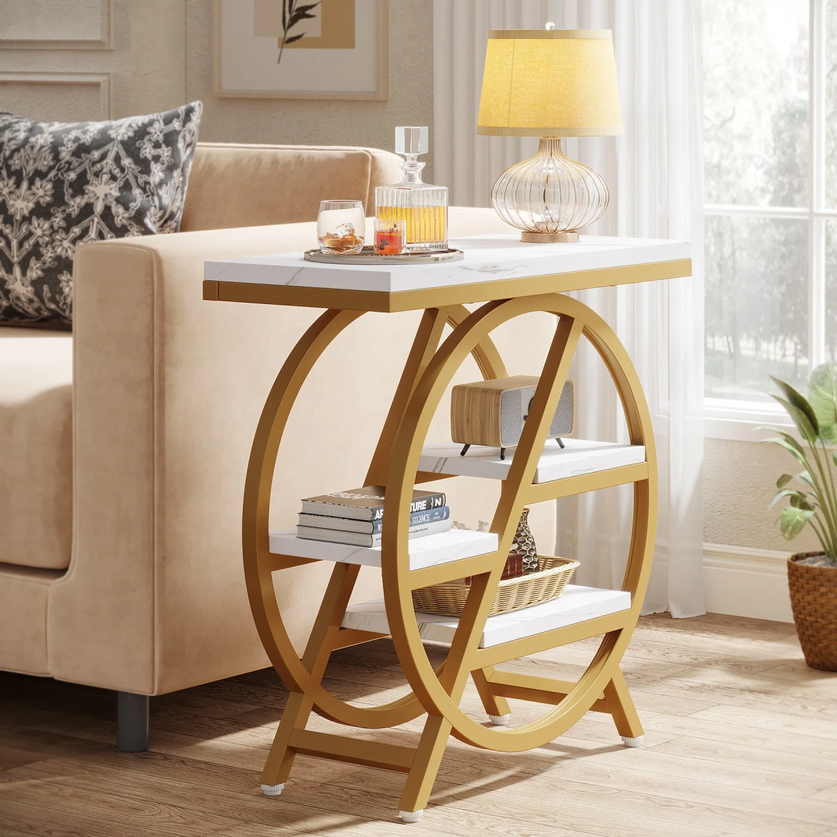 Round End Table, Industrial Side Table with Metal Hollow Frame - Image 68