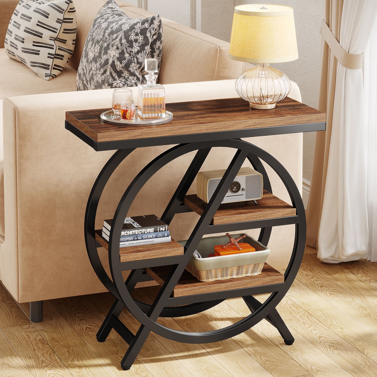 Round End Table, Industrial Side Table with Metal Hollow Frame - Image 69