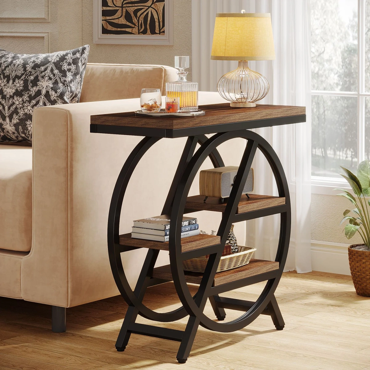 Round End Table, Industrial Side Table with Metal Hollow Frame - Image 71