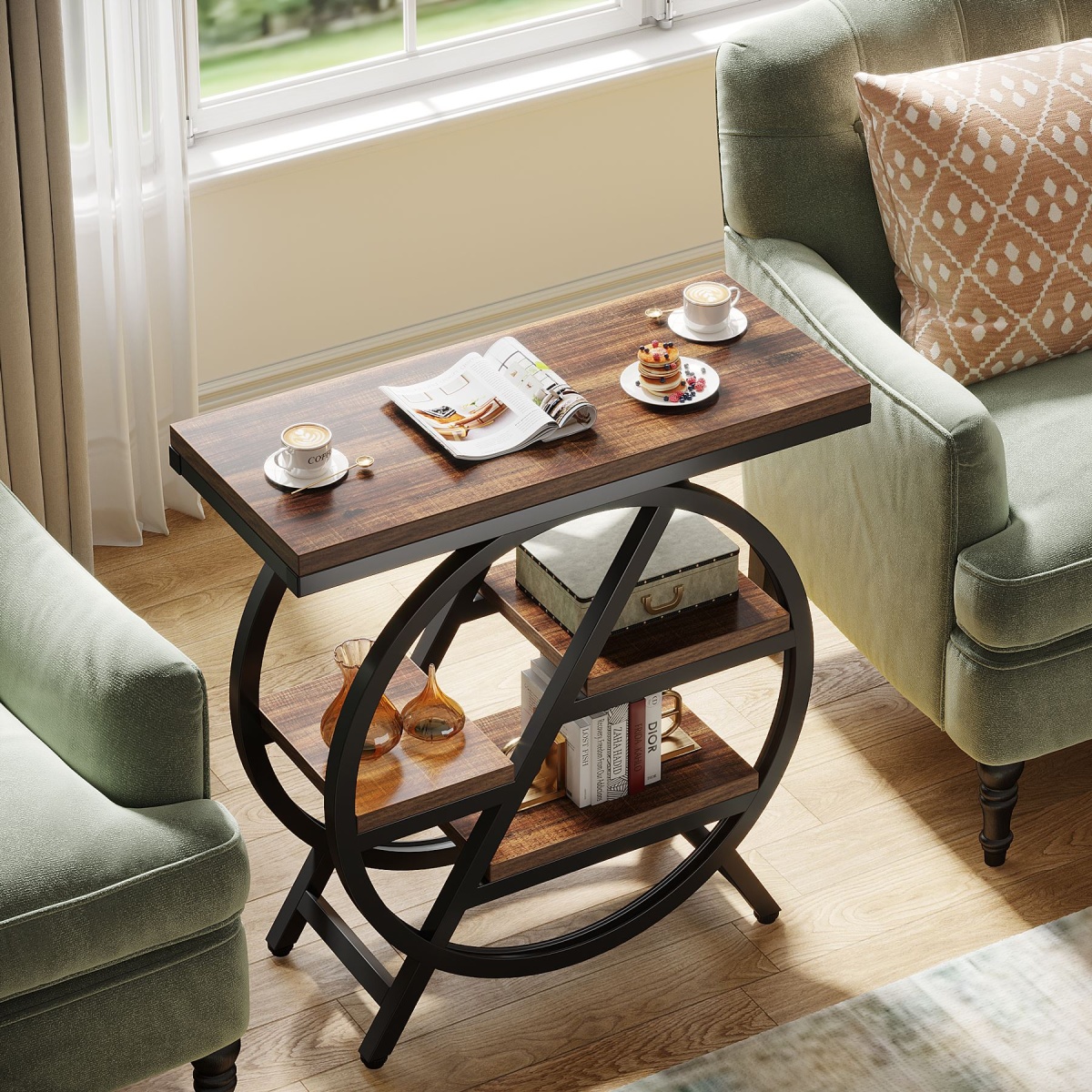 Round End Table, Industrial Side Table with Metal Hollow Frame - Image 73