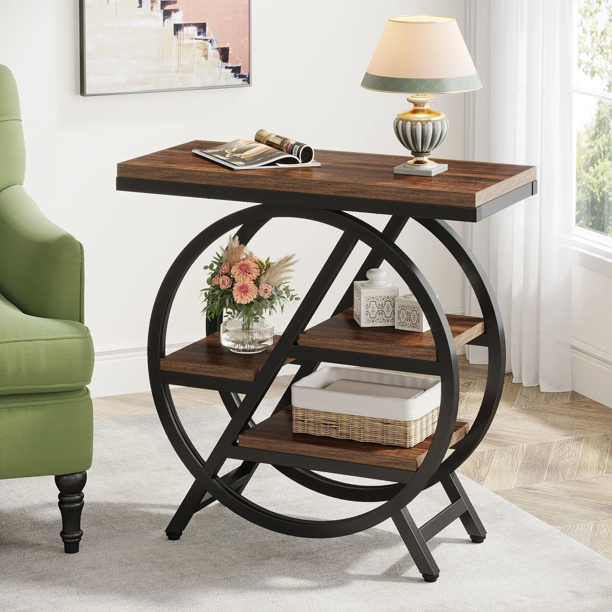 Round End Table, Industrial Side Table with Metal Hollow Frame - Image 65