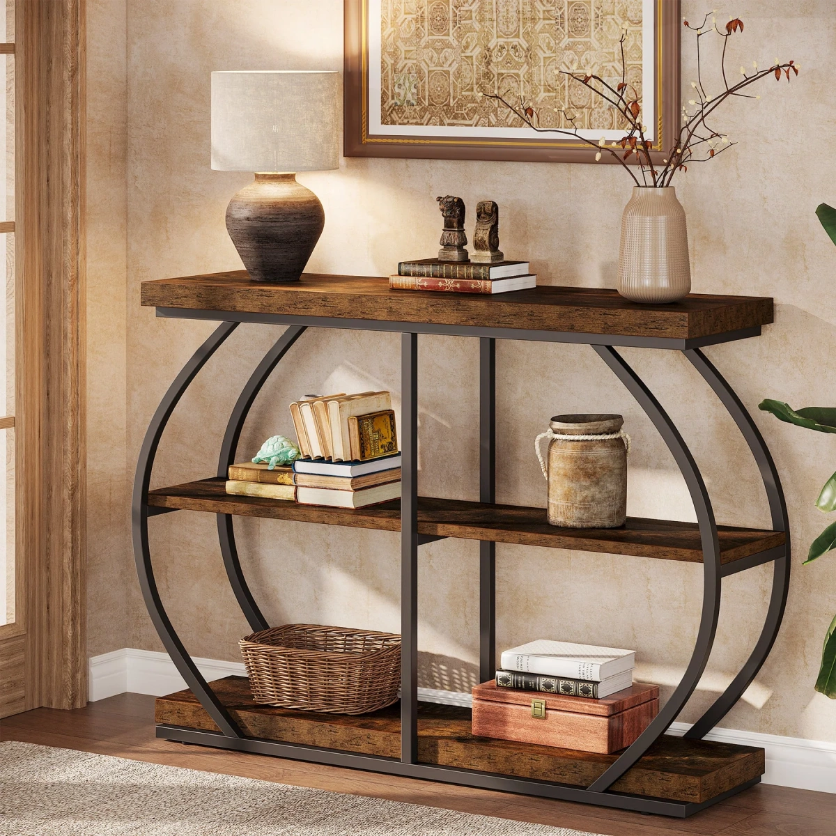 Round End Table, Industrial Side Table with Metal Hollow Frame - Image 61