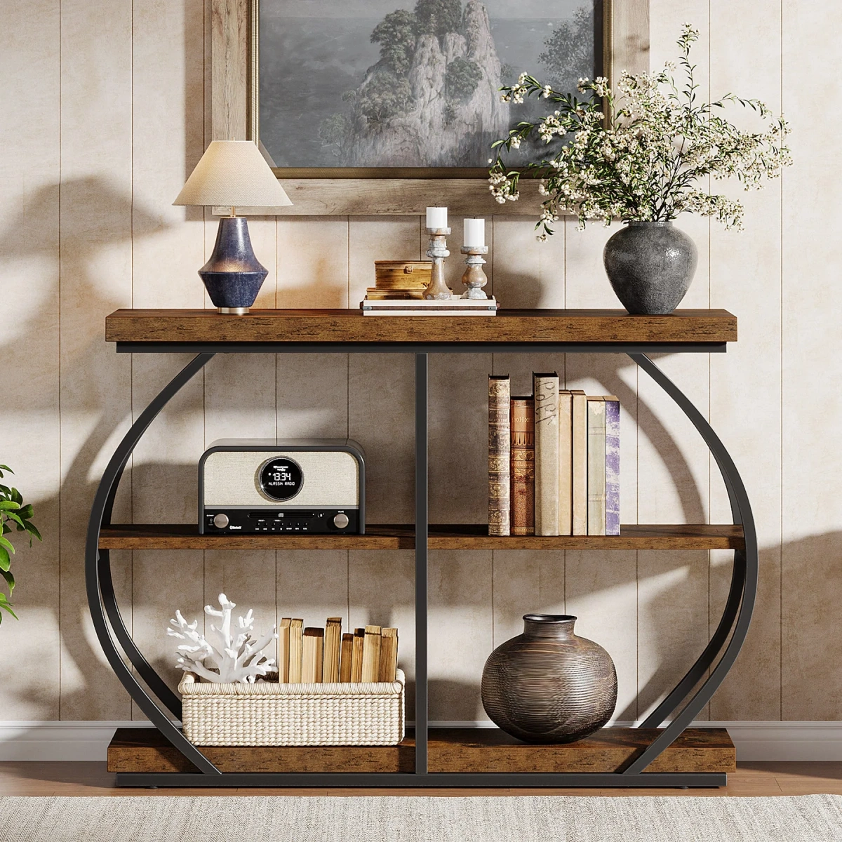Round End Table, Industrial Side Table with Metal Hollow Frame - Image 62