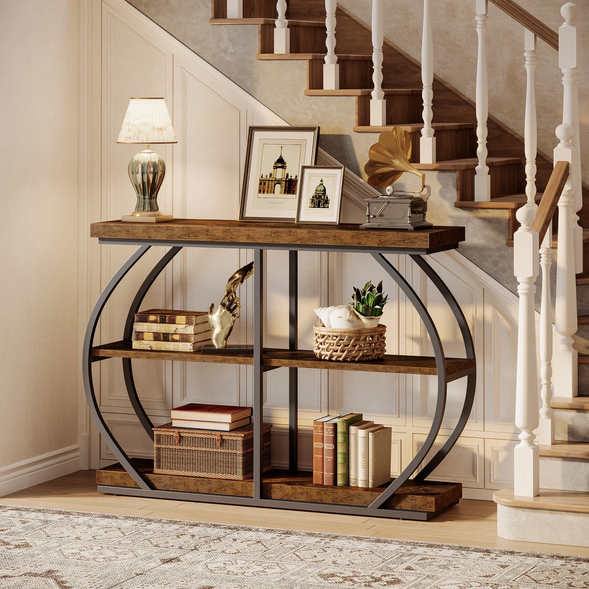 Round End Table, Industrial Side Table with Metal Hollow Frame - Image 63