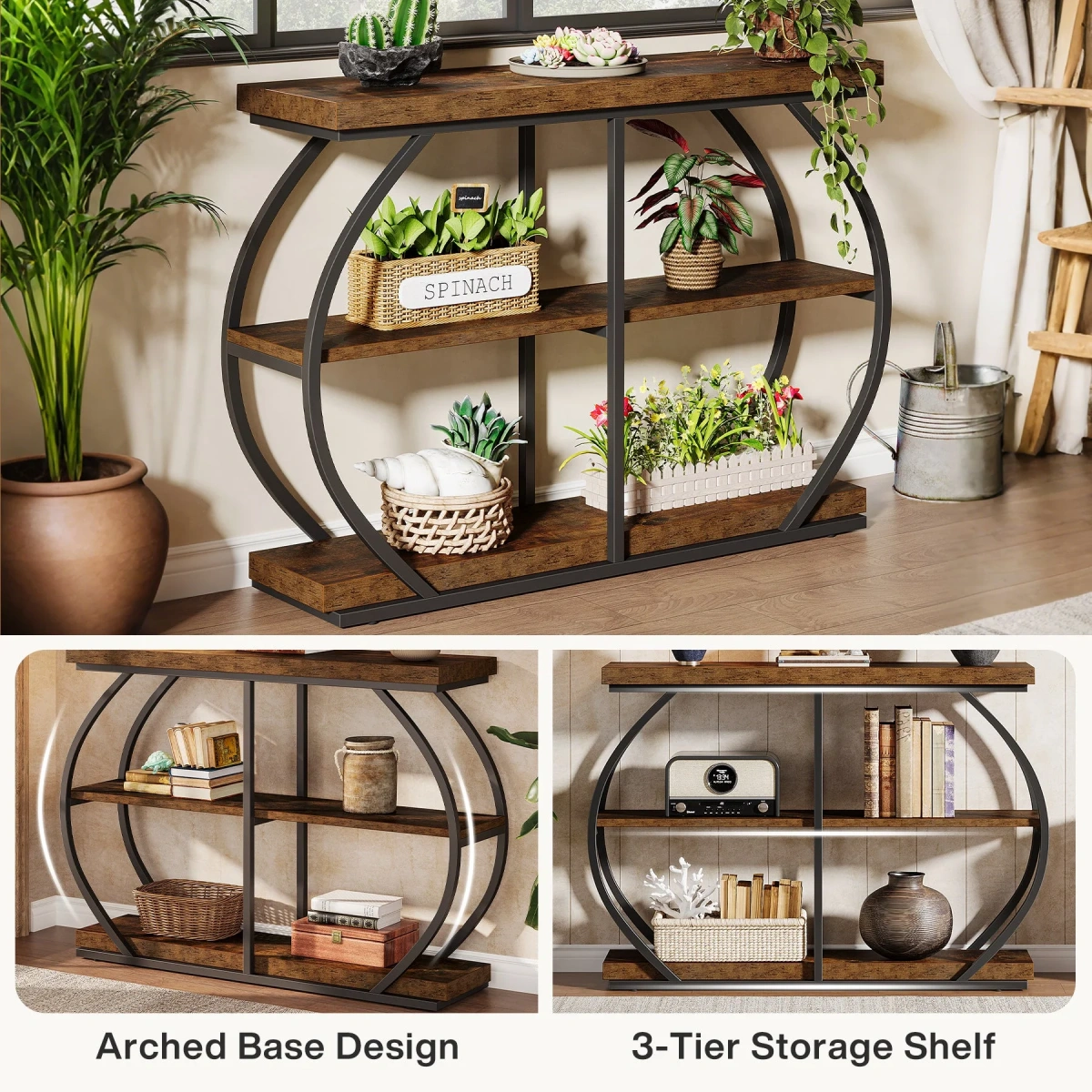Round End Table, Industrial Side Table with Metal Hollow Frame - Image 64