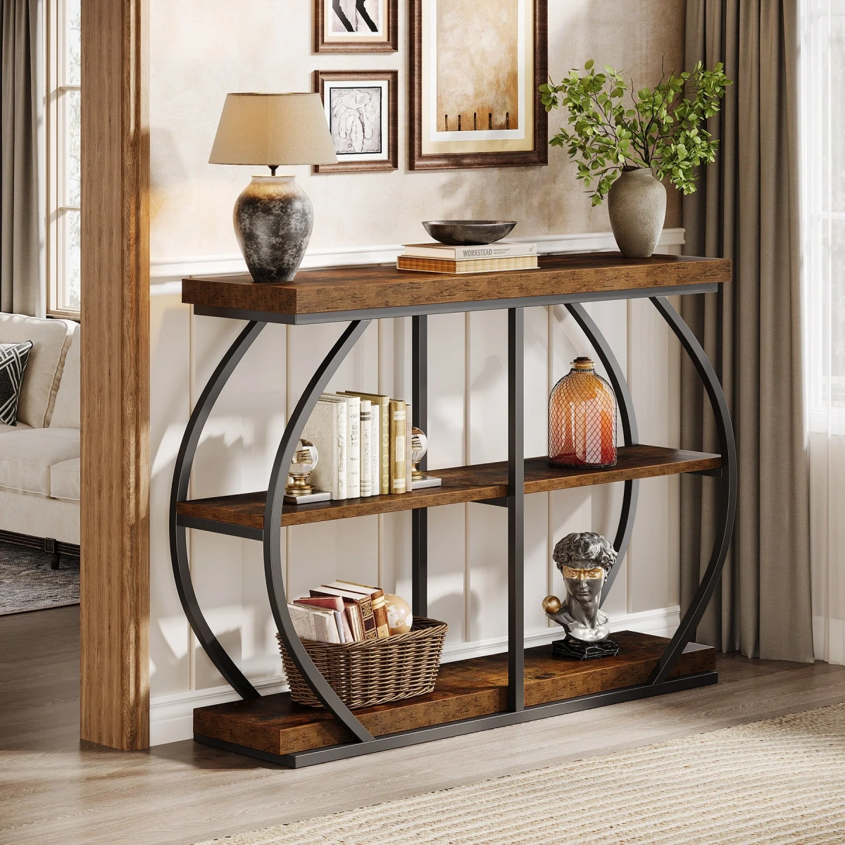 Round End Table, Industrial Side Table with Metal Hollow Frame - Image 59