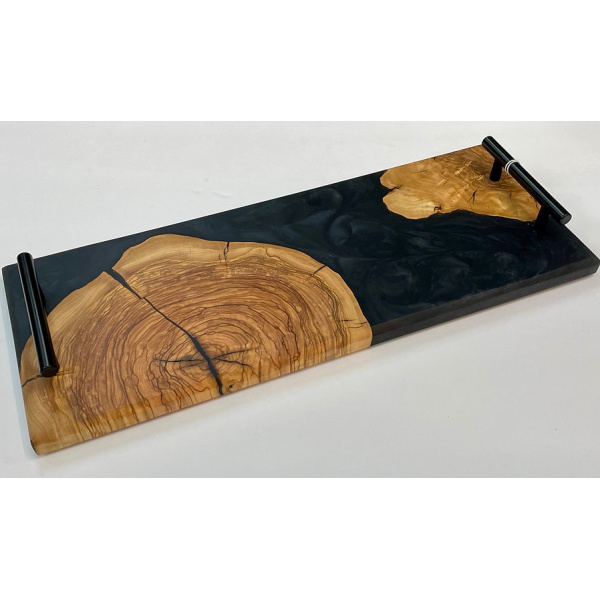 Olivewood, Brown & Clear Epoxy, Fall Leaves Serving Board w/ handles