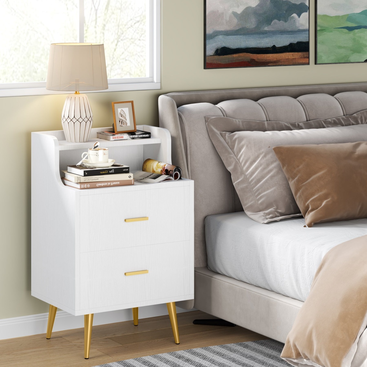 Nightstand, Modern Bedside Table with 2 Drawers - Image 4