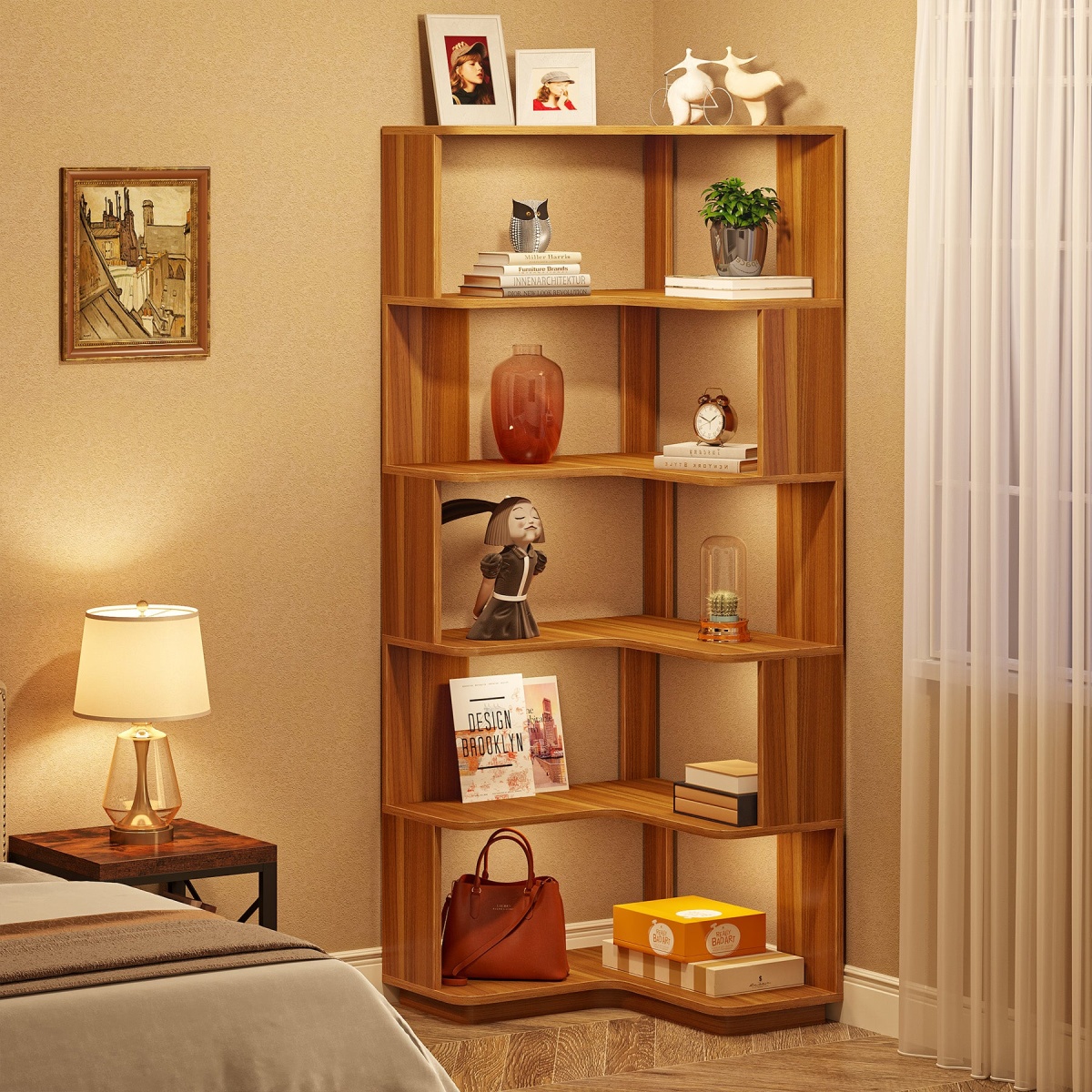Corner Bookshelf, 6-Tier Corner Bookcase Display Rack - Image 5