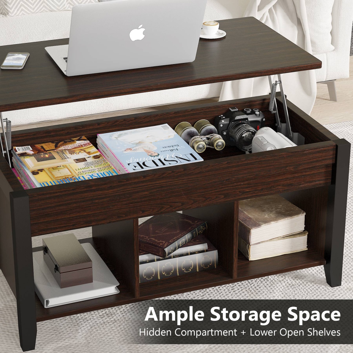 Coffee Table, Lift Top Center Table with Storage Shelves - Image 5