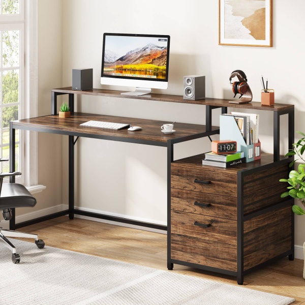 Computer Desk, 63? Home Office Desk with Drawers & Monitor Stand