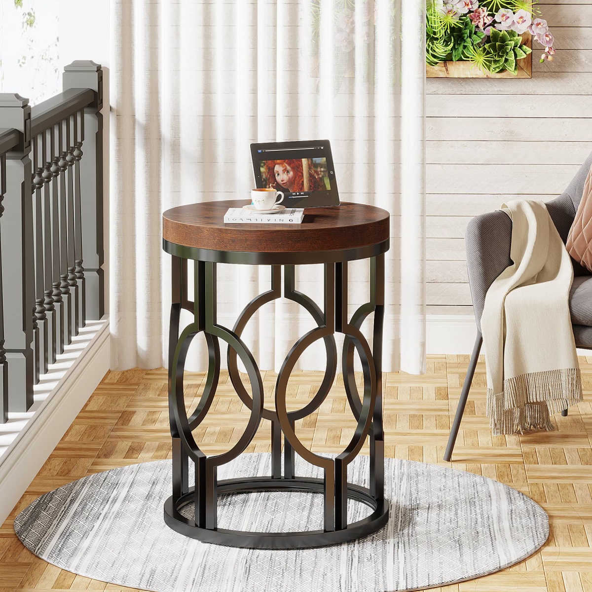Round End Table, Industrial Side Table with Metal Hollow Frame - Image 5