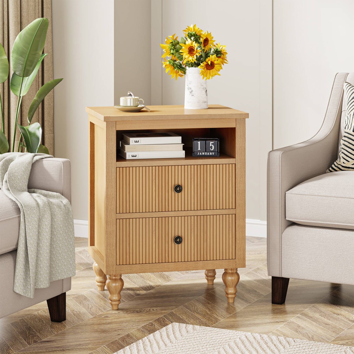Nightstand, 2 Drawers Sofa Side Table with Open Storage Space - Image 5
