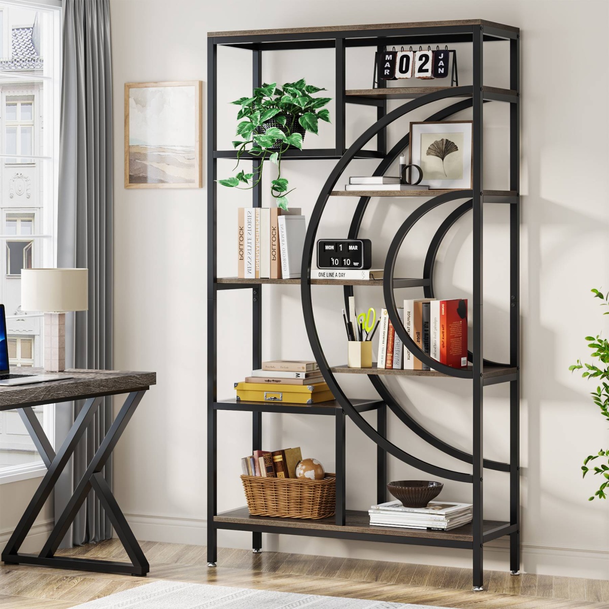 Bookshelf, 71? Geometric Bookcase, Industrial 8-Tiers Etagere Shelving Unit - Image 4