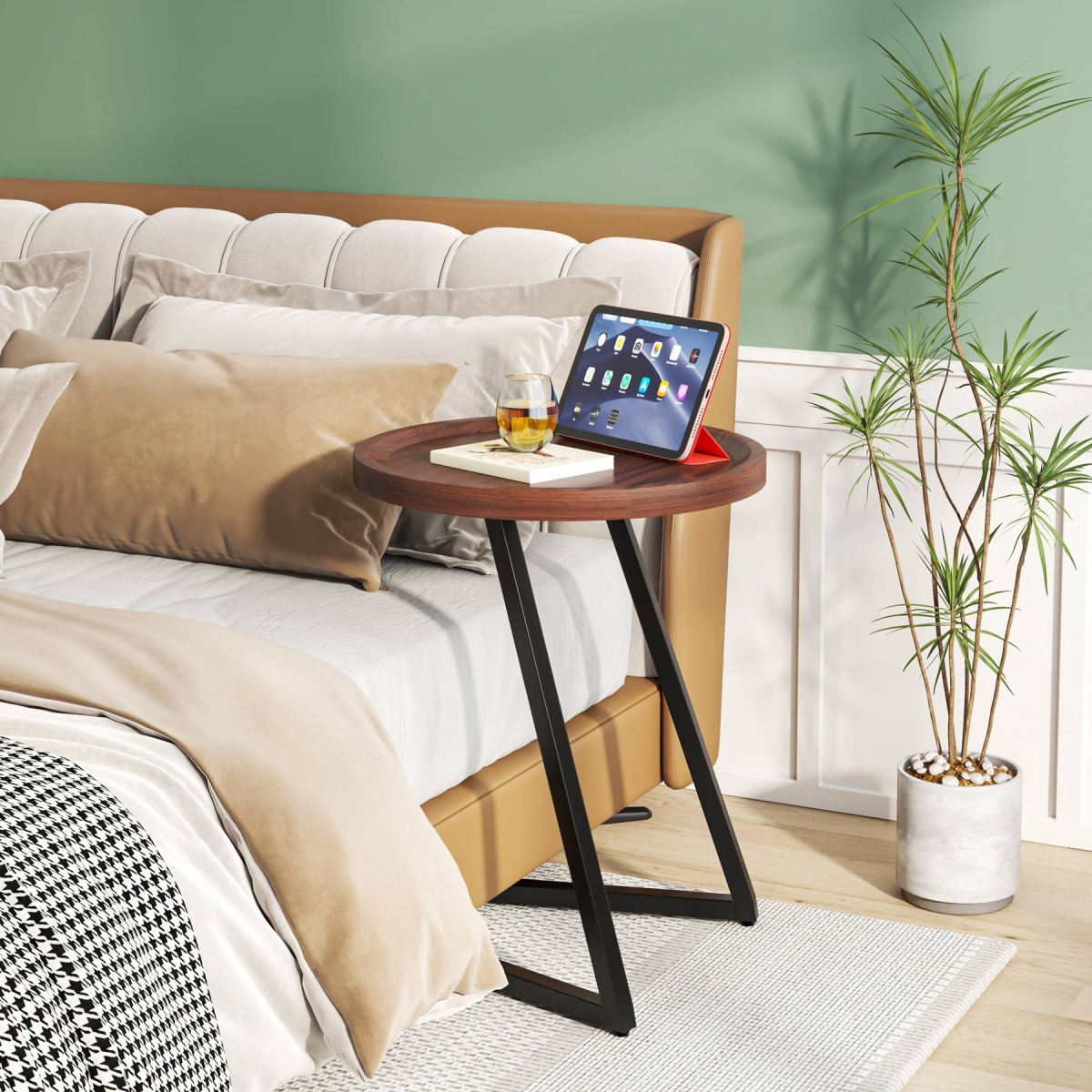 End Table, Round Side Snack Table with L-Shaped Metal Leg - Image 5