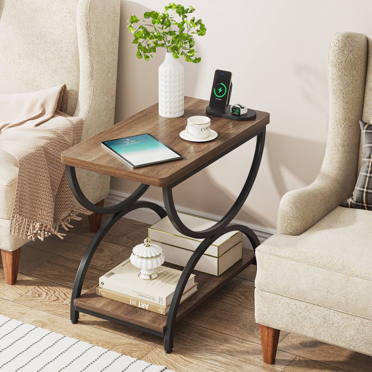 Round End Table, Industrial Side Table with Metal Hollow Frame - Image 85