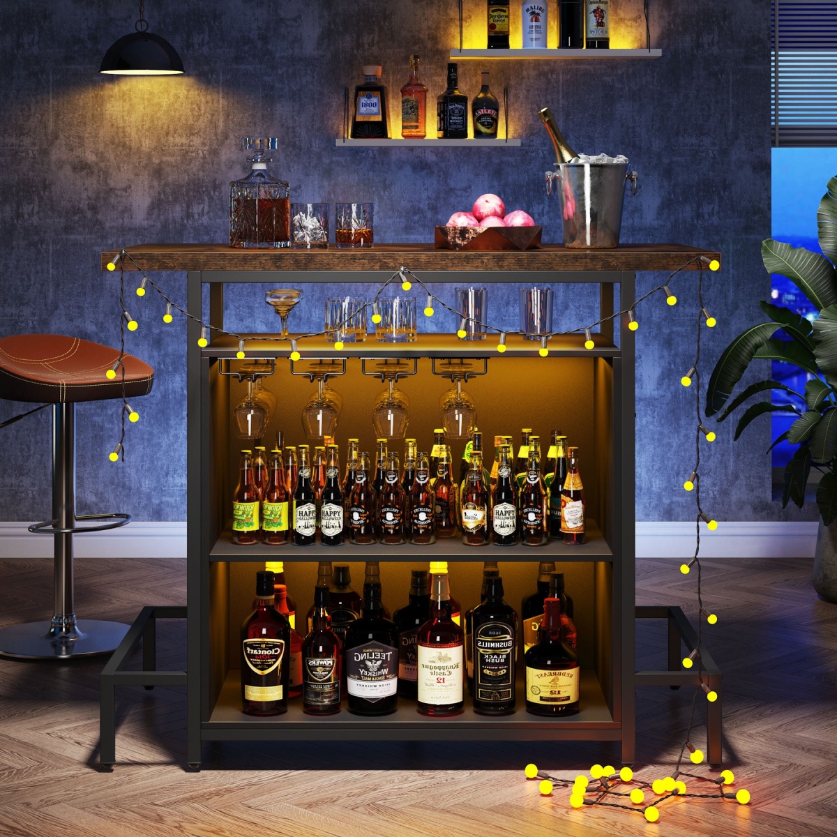 Home Bar Unit, Industrial 3-Tier Liquor Bar Table with Glasses Holder - Image 6