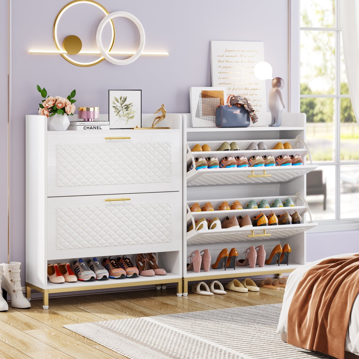 Shoe Cabinet, Freestanding Shoe Organizer with 2 Flip Drawers & Open Shelf - Image 2