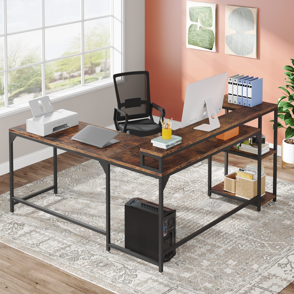 L-Shaped Desk, Corner Computer Desk with Monitor Stand & Shelves - Image 5