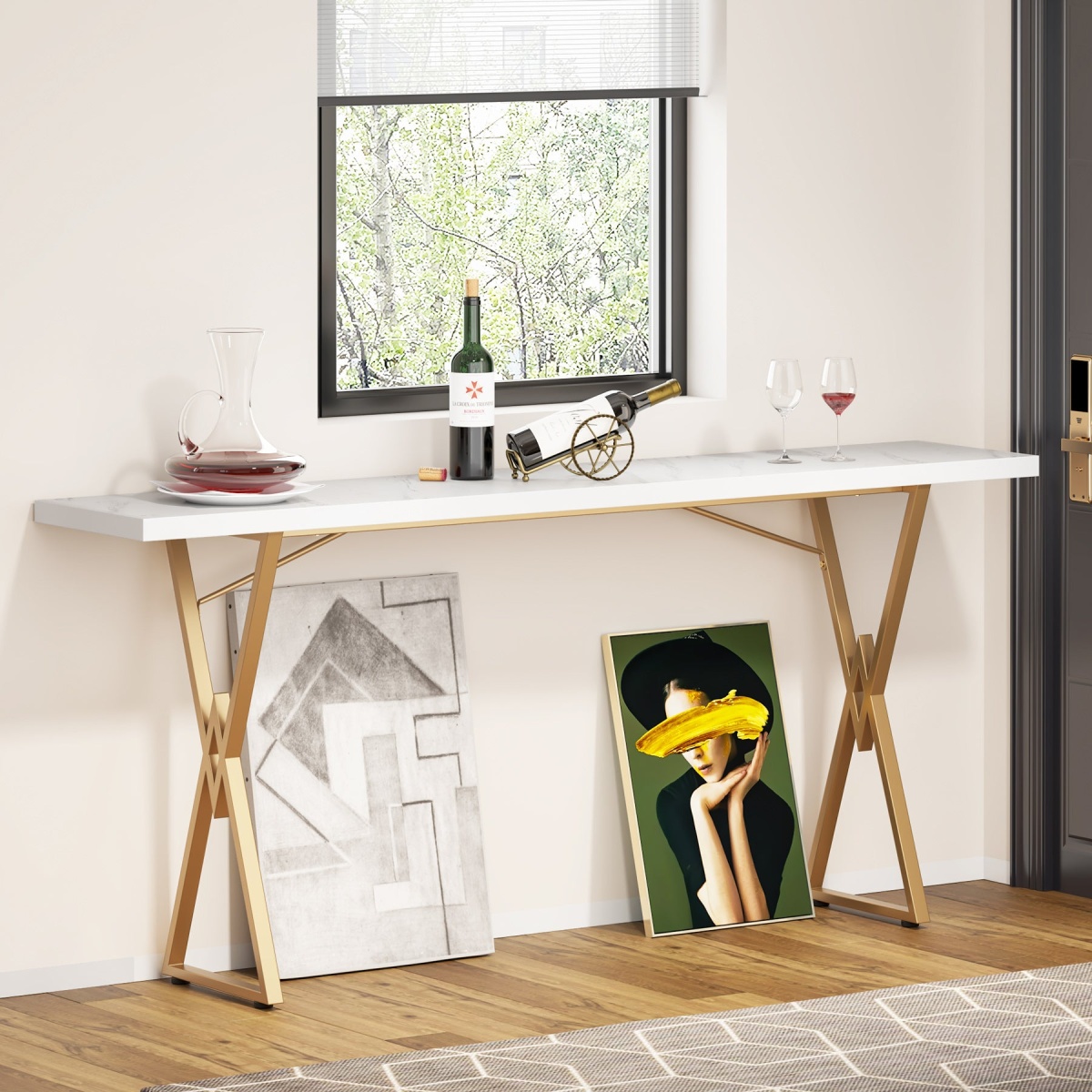 Console Table, 70.9 Inch Sofa Table Hallway Table, White and Gold - Image 5