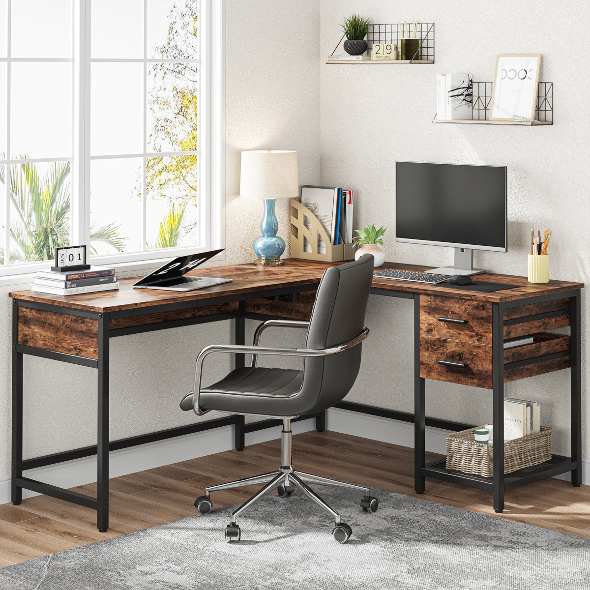 Lift Top L-Shaped Desk, Computer Corner Desks with Drawers - Image 5