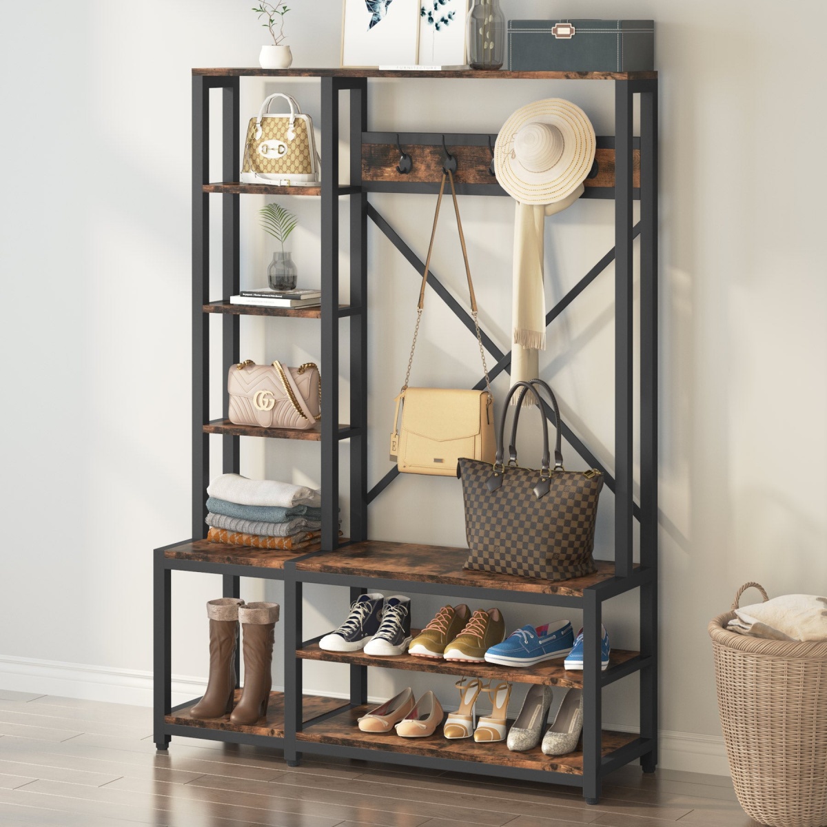 Coat Rack Shoe Bench, 4-in-1 Entryway Hall Tree with Shelves - Image 4