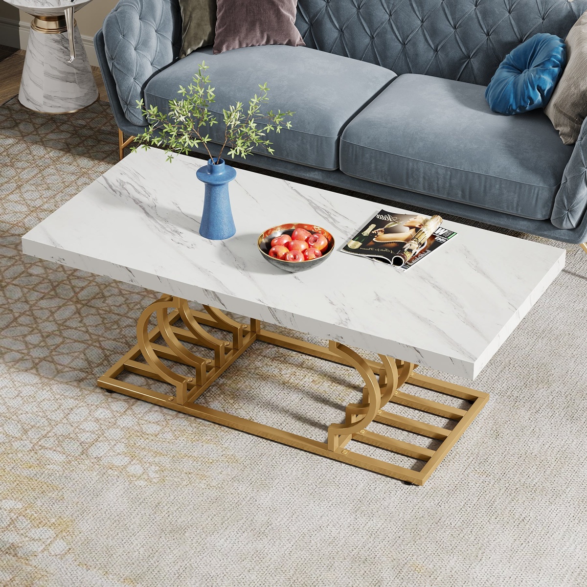 Coffee Table, 47? Faux Marble Cocktail Table with Geometric Frame - Image 6