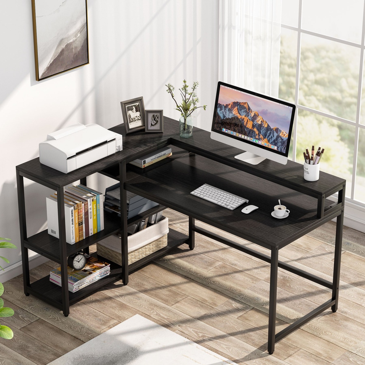 Reversible L Shaped Computer Corner Desk with Shelves - Image 11