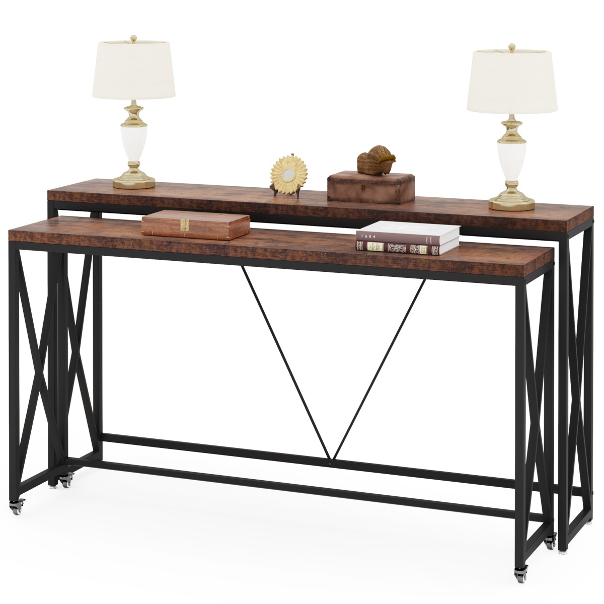 Console Table Set of 2, Narrow Long Sofa Table with Wheels - Image 1
