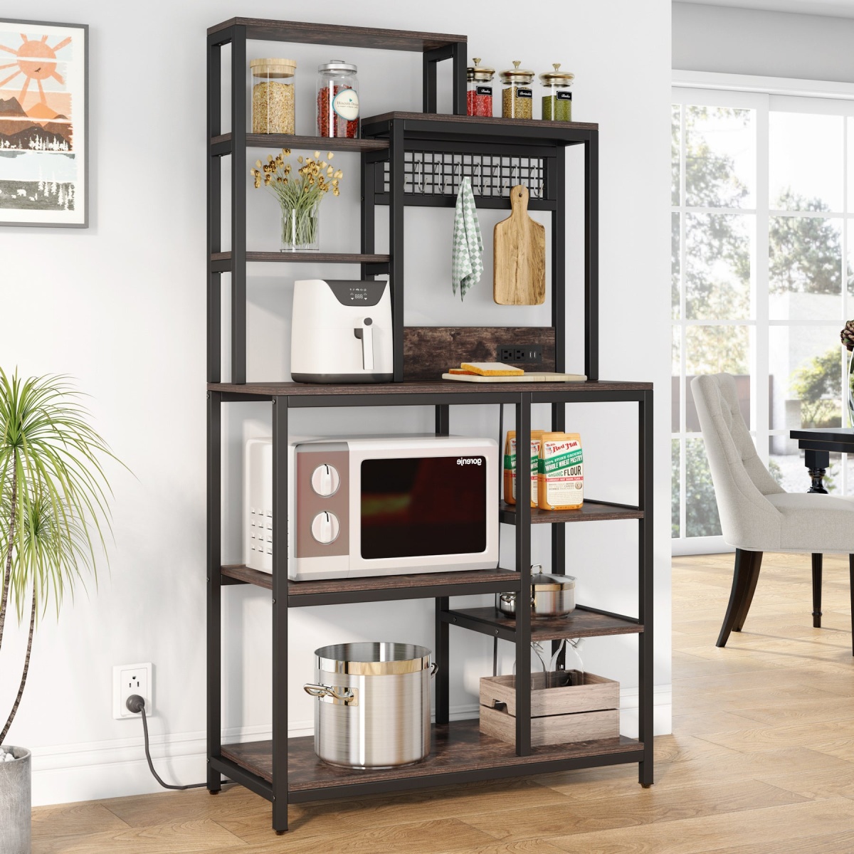 Bakers Rack with Power Outlet, 9-Tier Microwave Stand with Hutch - Image 4
