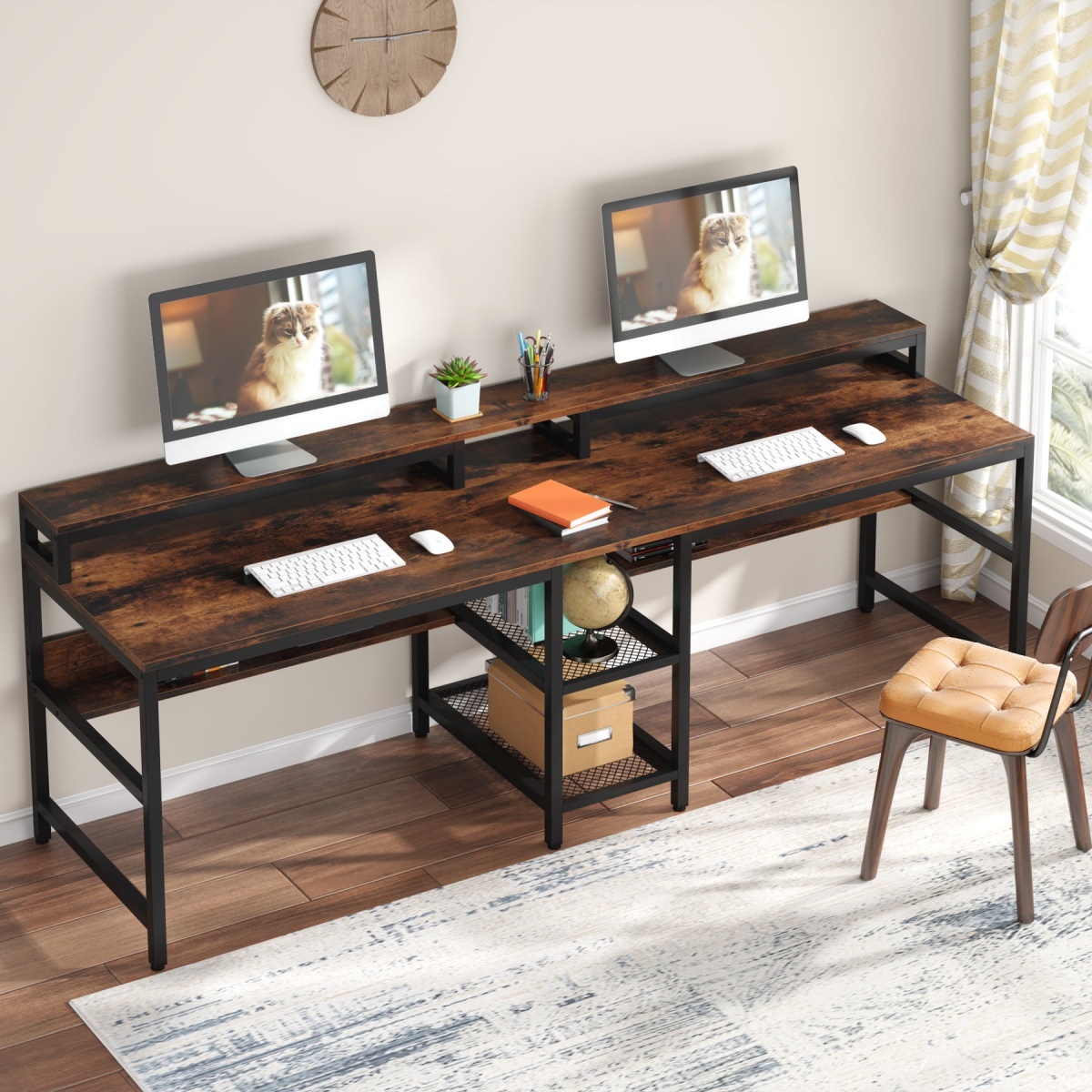 Two Person Desk, 78.7? Double Computer Desk with Monitor Riser & Shelves - Image 4